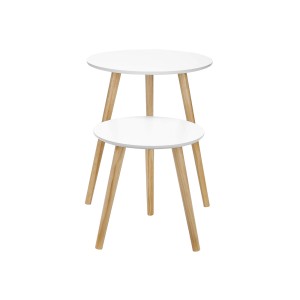Vasagle Beistelltisch Set, Eiche-Weiß, zwei runde Tische mit Holzbeinen.