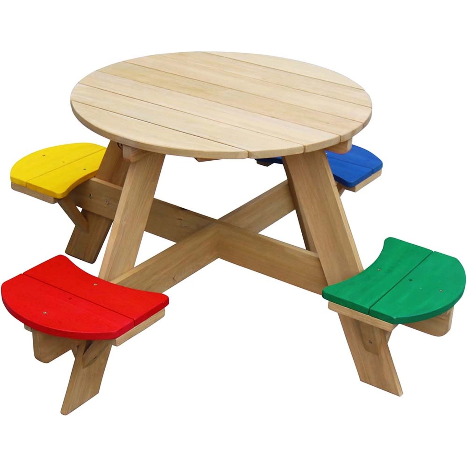 Runder AXI UFO-Picknicktisch Regenbogen mit farbigen Sitzen (rot, gelb, grün, blau) aus Holz.