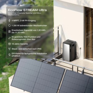 EcoFlow STREAM Ultra Balkonkraftwerk mit Speicher und Solarmodulen auf einem Balkon.