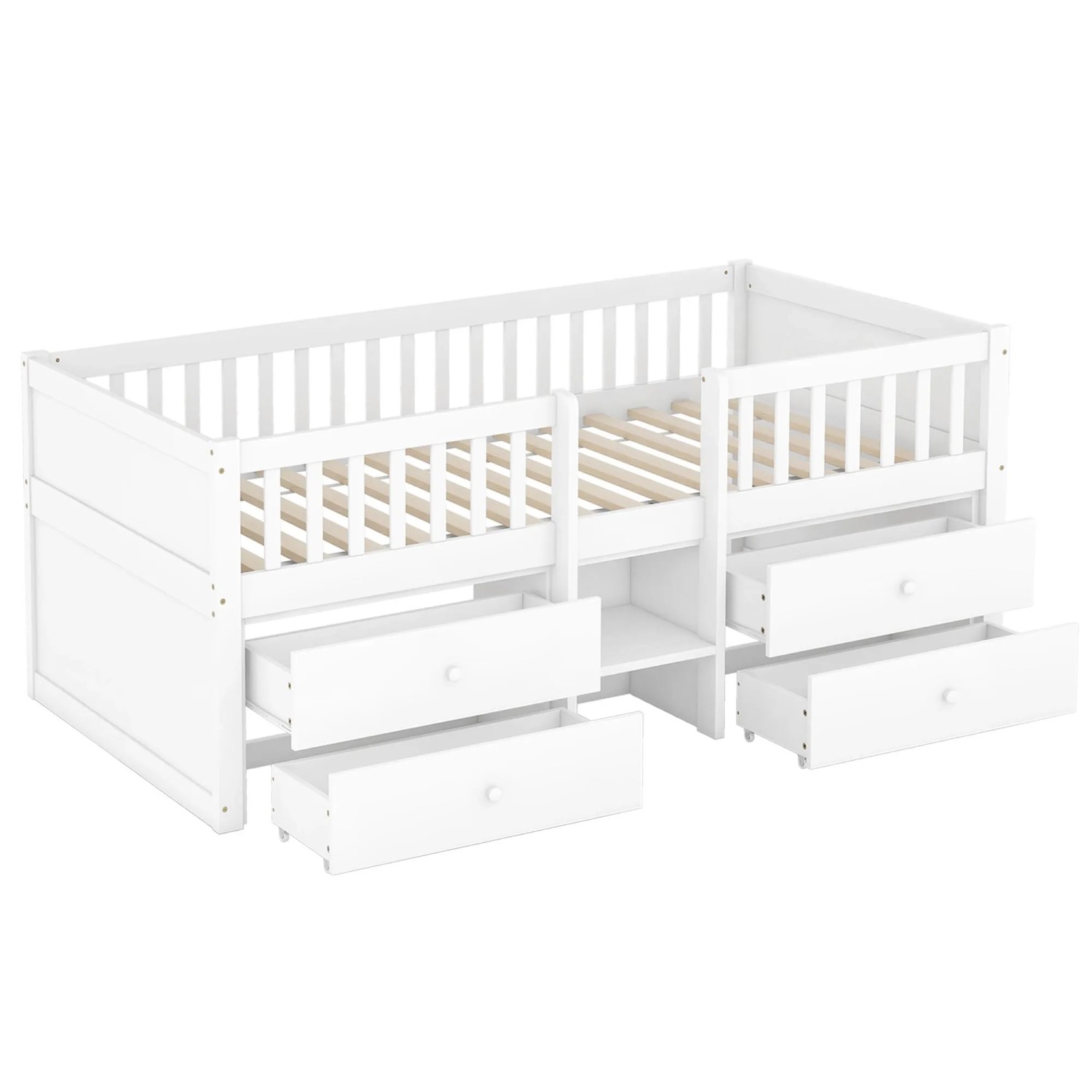 okwish Halbhohes Bett 90x200cm mit 4 Schubladen Kinderzimmer Weiß ohne Matratze