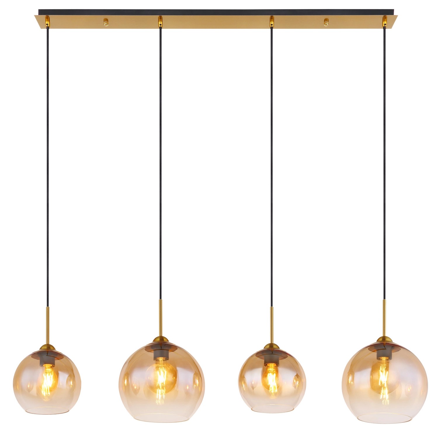 Globo Hängeleuchte Jamessa, 4-flammig, messingfarben mit amberfarbenen Glasschirmen.