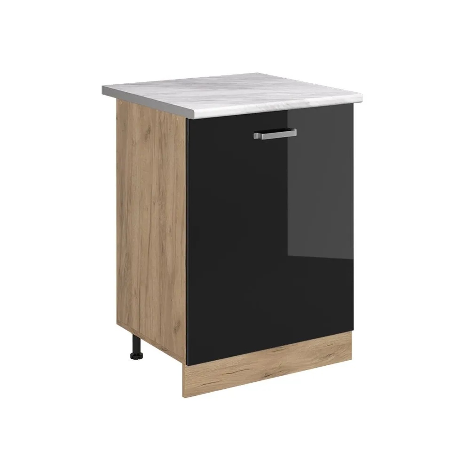 Vicco Küchenunterschrank R-Line Schwarz Hochglanz/Goldkraft Eiche 60 x 82 mit 1 Tür Arbeitsplatte Marmor Art Nr 72201