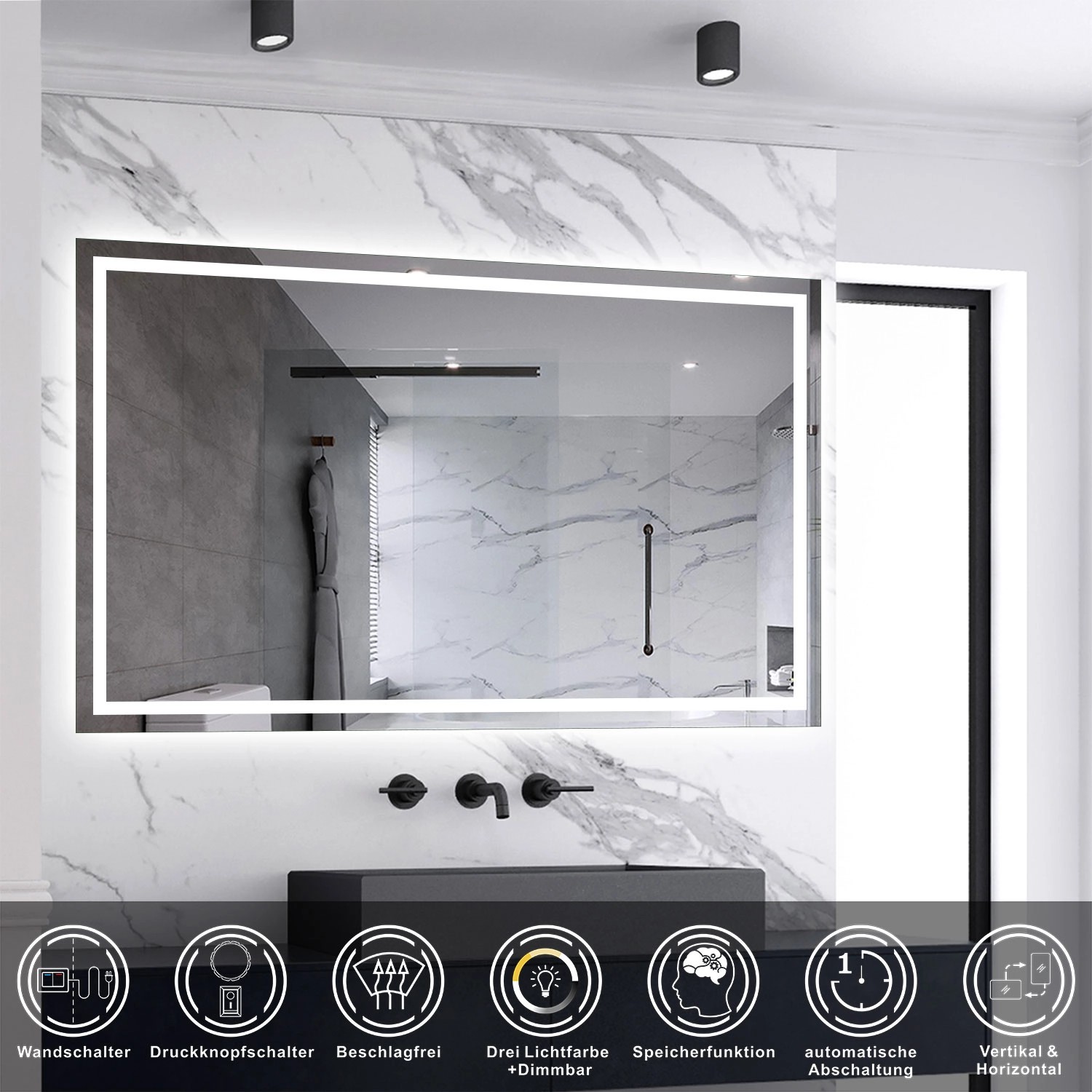 Aica Sanitär Badspiegel 120x70 cm Spiegel mit LED Beleuchtung Dreh-Knopf-Wandschalter Drei Lichtfarbe Dimm Memory Neutral-Warm-Kaltweiß Beschlagfrei_3