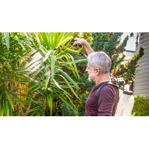 Mann benutzt Zipper Akku-Drucksprüher ZI-DS2V zur Pflanzenpflege im Garten.