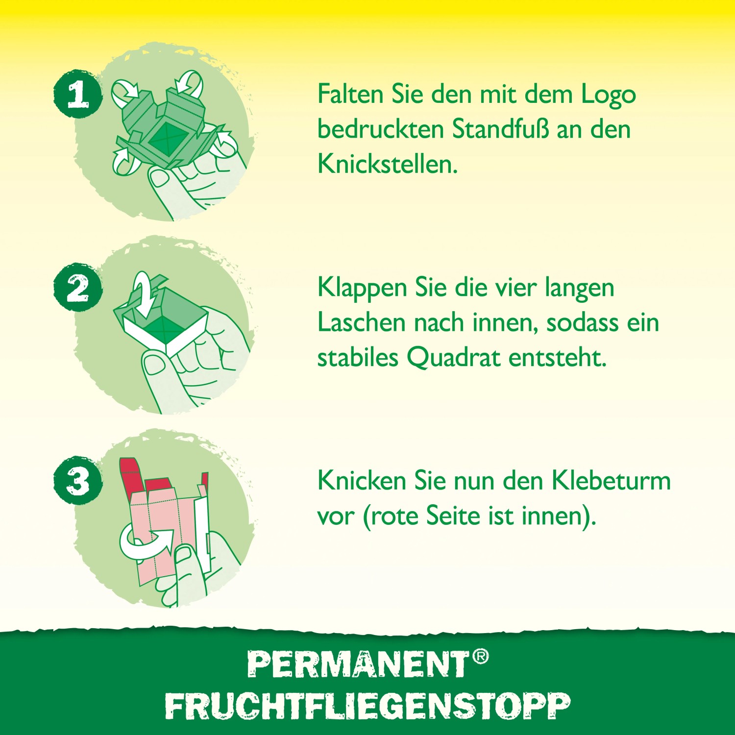 Anleitung: Neudorff Fruchtfliegenstopp Klebefalle aufbauen in 3 Schritten.