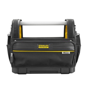 Schwarze STANLEY FATMAX PRO-STACK Werkzeugtrage mit gelben Akzenten, Aluminiumgriff und Reißverschlusstasche. Robuster Werkzeugkoffer.
