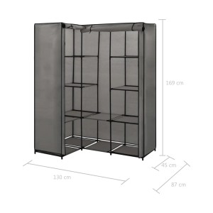 Grauer vidaXL Eckkleiderschrank (130x87x169cm) mit Stoffbezug und Regalfächern.