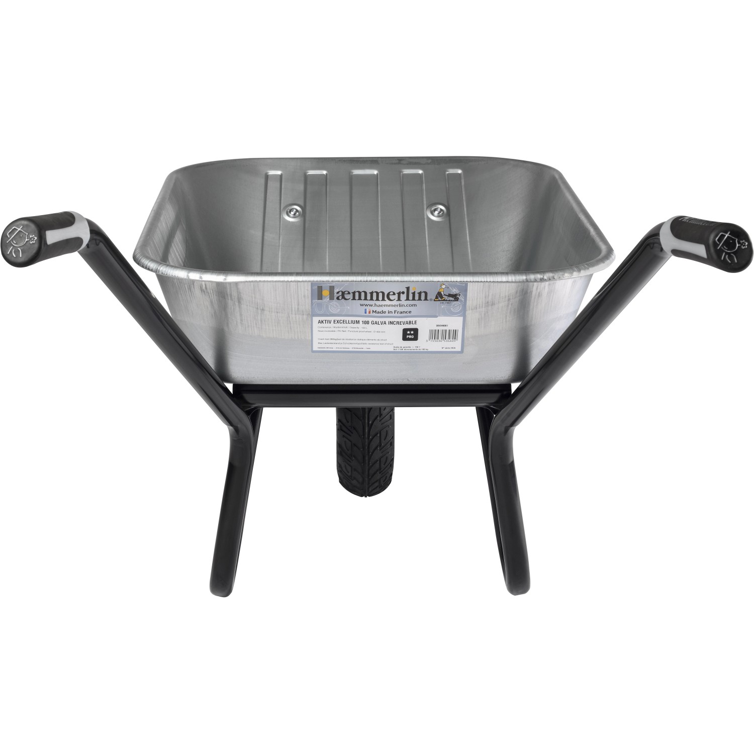 Haemmerlin Einrad-Schubkarre, 100 l, verzinkte Mulde, 200 kg Traglast für Bau und Garten.