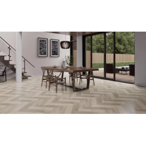 Check One Click-Vinylboden Lausitz Eiche Herringbone im Wohnraum verlegt.