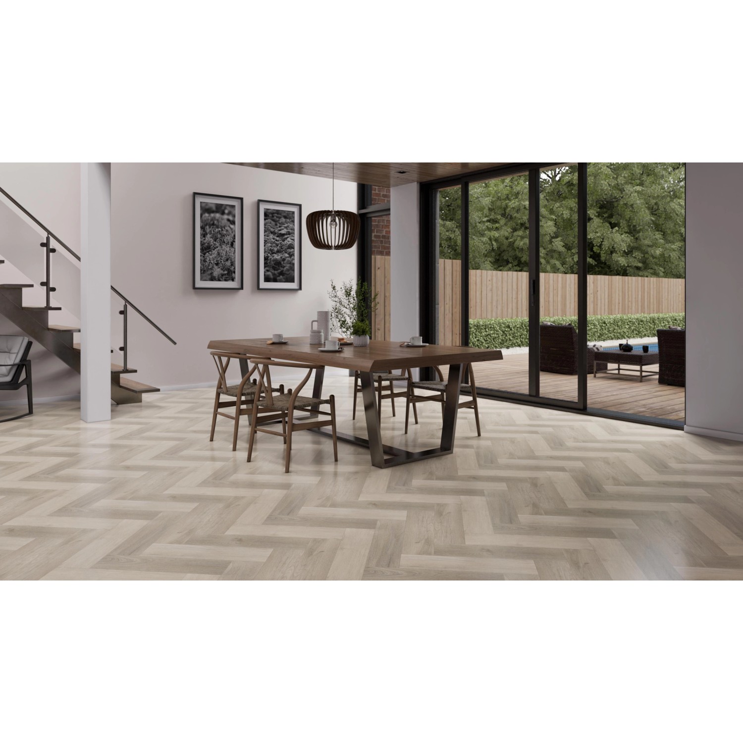 Check One Click-Vinylboden Lausitz Eiche Herringbone im Wohnraum verlegt.