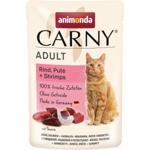 Carny Adult Katzen-Nassfutter Rind, Huhn & Shrimps, 85g Packung für ausgewachsene Katzen.