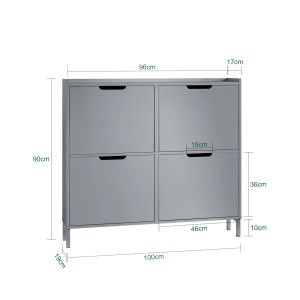 SoBuy Schuhkipper FSR100-HG, hellgraue Schuhkommode mit 4 Klappen und Maßangaben.
