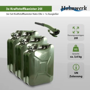 3 olivgrüne Holmwerk Kraftstoffkanister (20 l) aus Metall mit Ausgießer.