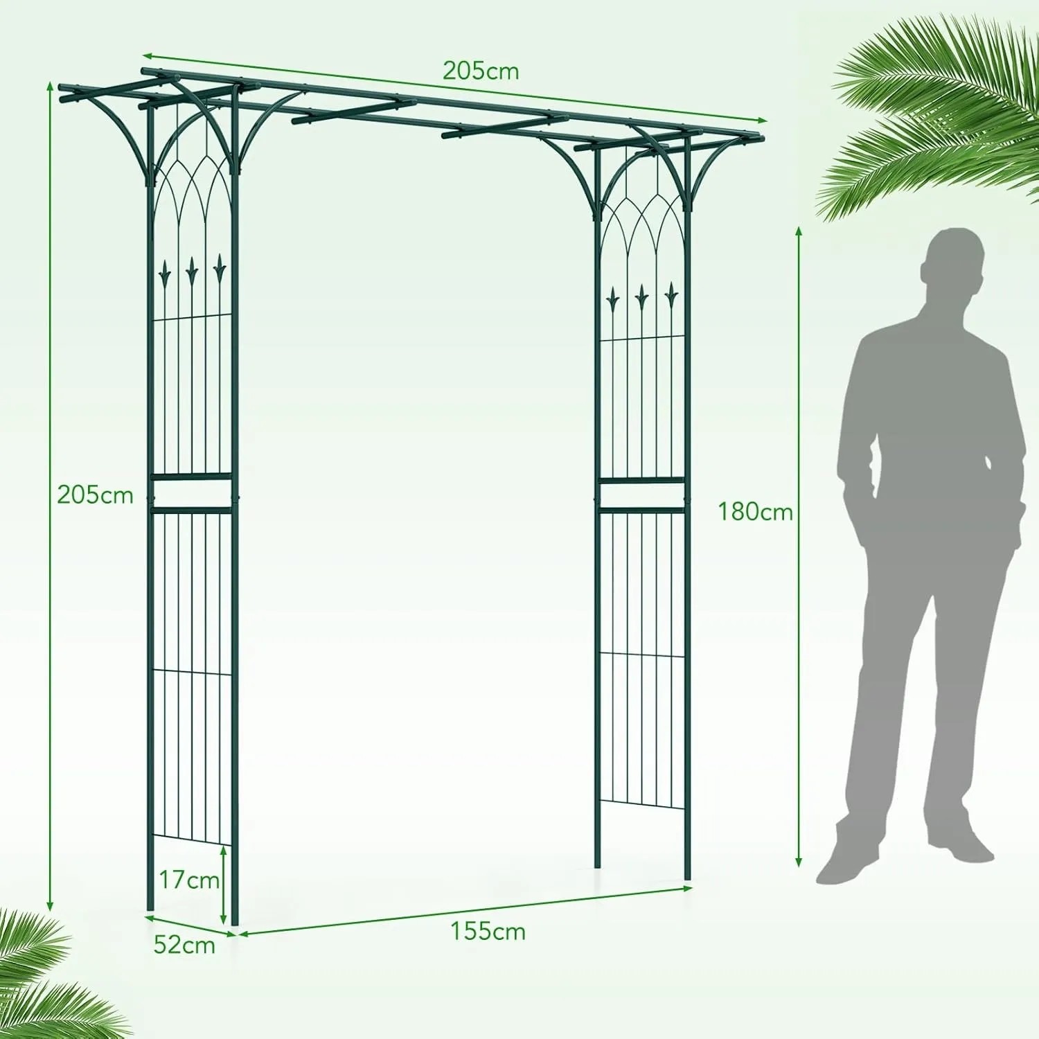 Costway Rosenbogen aus Metall, grüner Torbogen für den Garten, Maße 205x52x205cm.