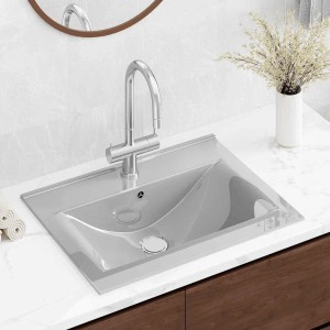 Glänzendes vidaXL Keramik-Waschbecken in Silber, rechteckig, mit Überlauf und Hahnloch, im modernen Bad.