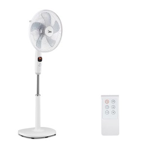 Weißer Midea Standventilator mit Fernbedienung, 136 cm hoch.