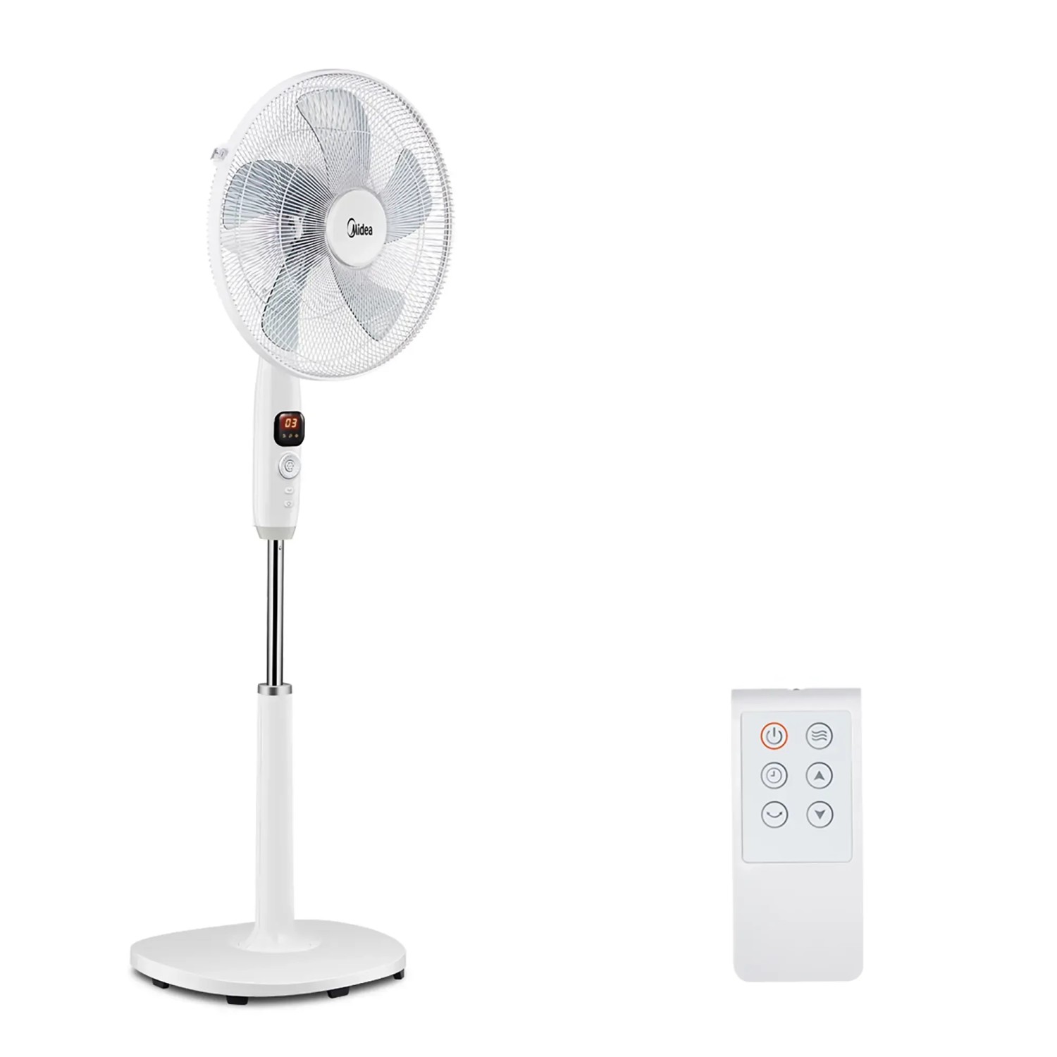 Weißer Midea Standventilator mit Fernbedienung, 136 cm hoch.