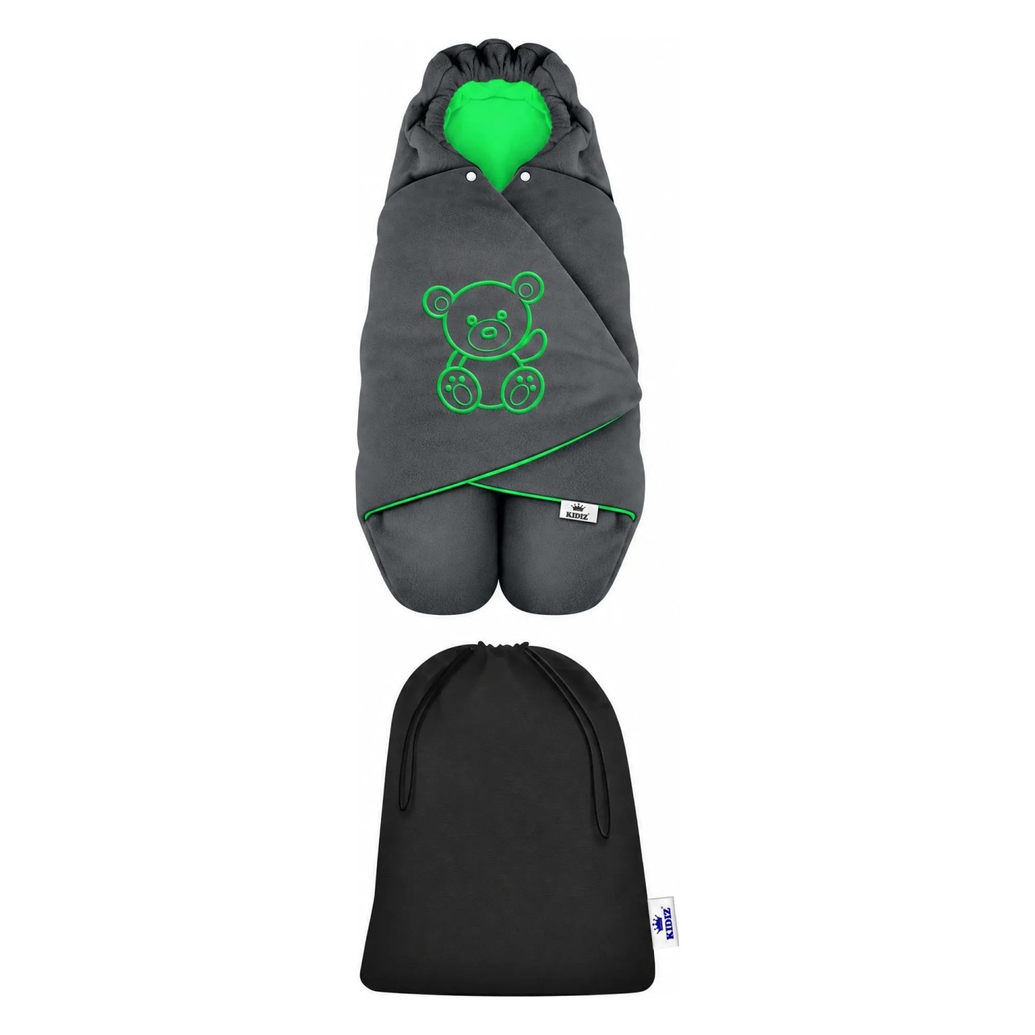KIDIZ Baby Einschlagdecke mit Kapuze und Tasche Winter Fußsack Anthrazit Grün
