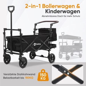 Sekey Bollerwagen, faltbar, mit Dach, schwarz, für 2 Kinder bis 100 kg. Ideal für Camping.