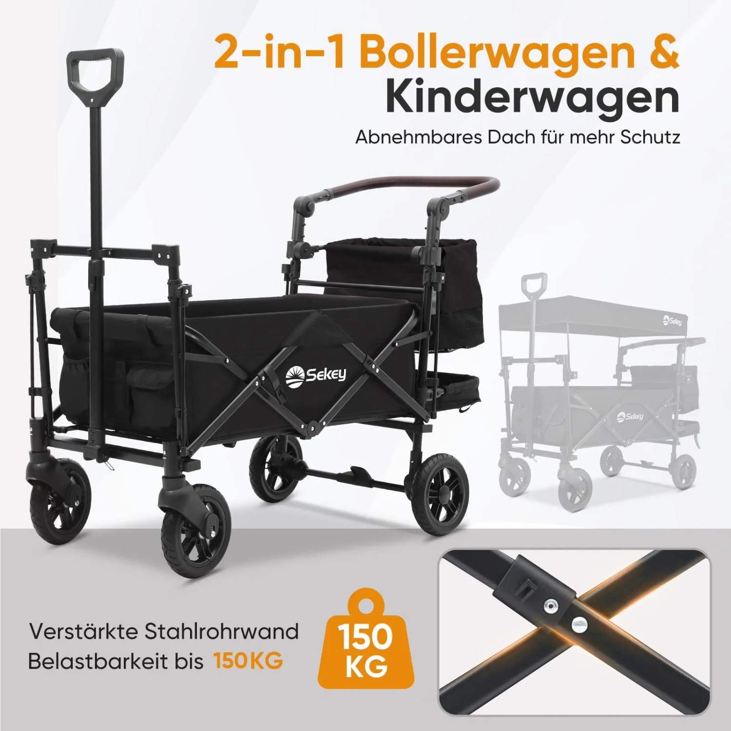 Sekey Bollerwagen, faltbar, mit Dach, schwarz, für 2 Kinder bis 100 kg. Ideal für Camping.