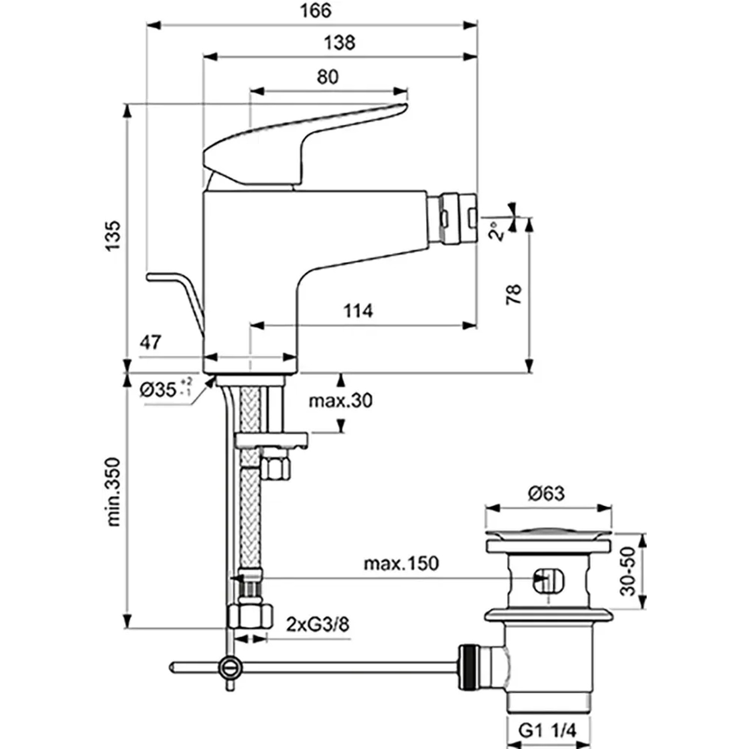 Technische Zeichnung: Ideal Standard Ceraflex Bidetarmatur in Chrom mit Maßangaben.