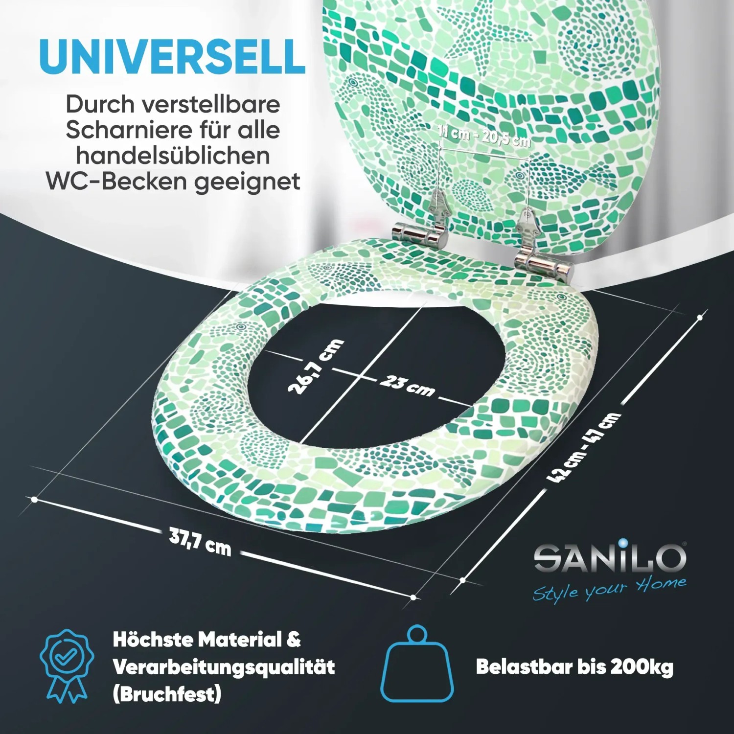Sanilo WC-Sitz Mosaic World Green mit Absenkautomatik, Holz Toilettendeckel mit grünem Mosaikmuster.
