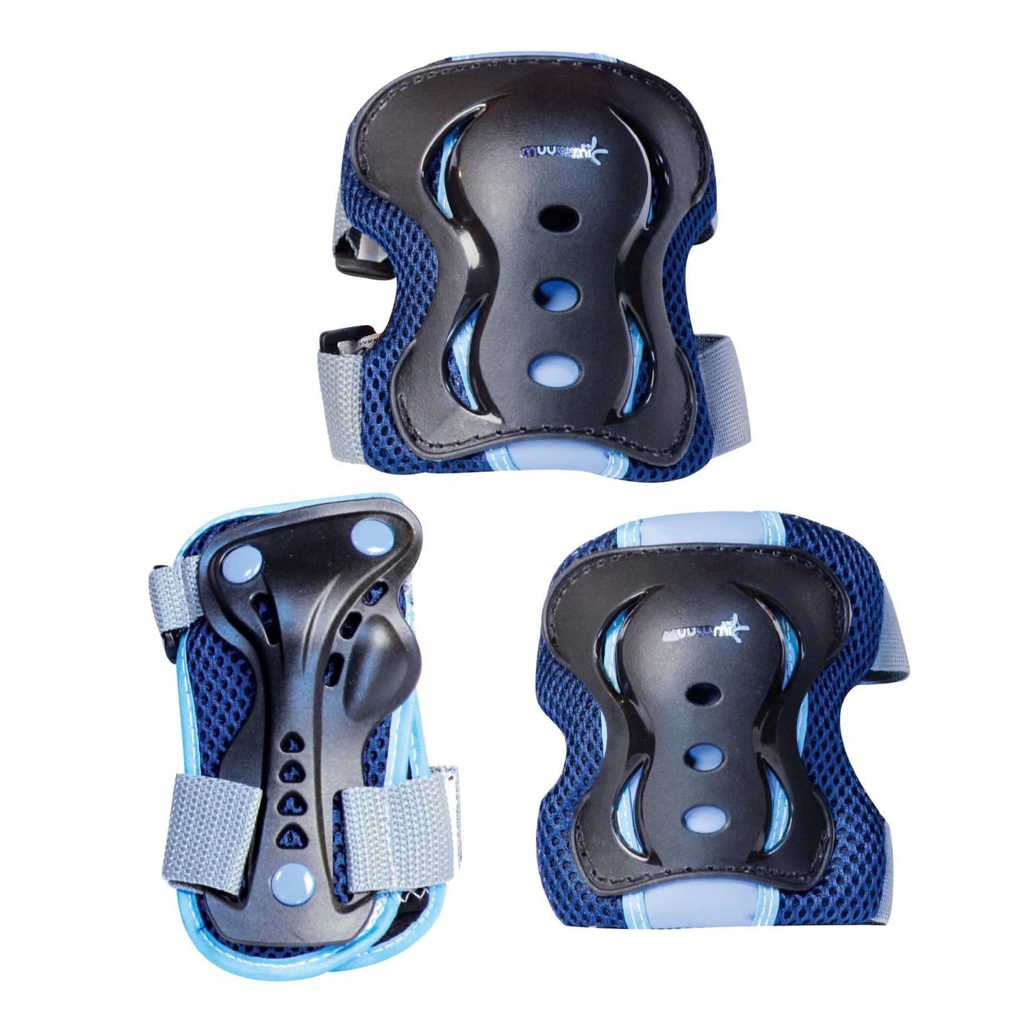 Muuwmi Protektoren-Set Blau Gr. M Handgelenk- Knie- Ellenbogenschoner Anatomische Passform High Impact Kappe
