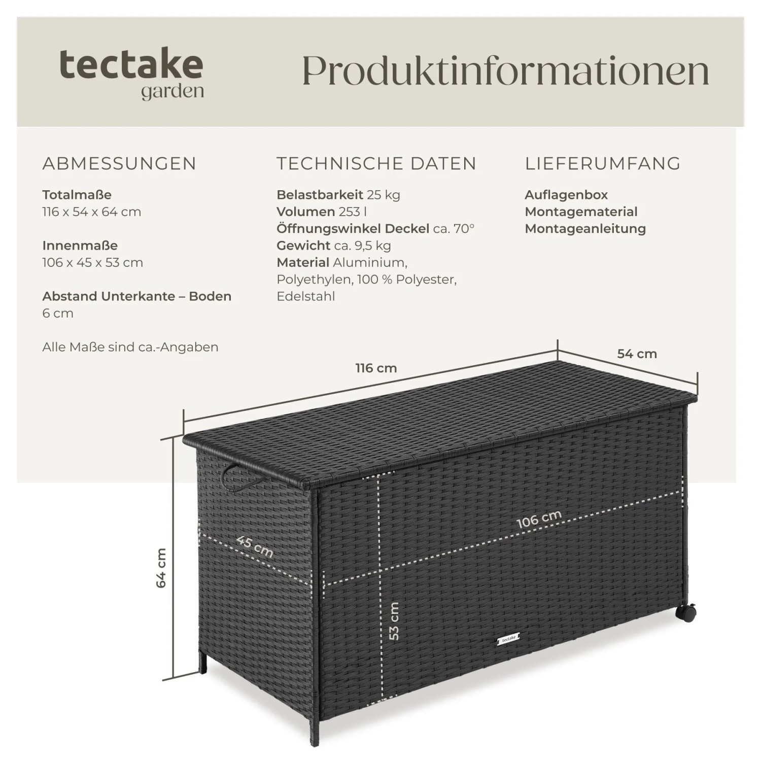 Tectake Auflagenbox Kuusamo, 253 L, Rattangeflecht, mit Rollen und Griff, Maße siehe Grafik.