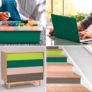 Anwendungsbeispiele der Venilia Klebefolie Zeder Grün für Möbel, Laptop, Treppe und Spielzeugkiste.