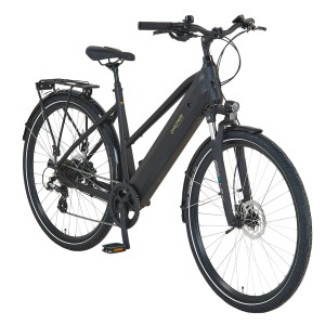 Schwarzes Prophete Trekking E-Bike Entdecker 2.0 Damenrad mit Trapezrahmen und 28 Zoll Reifen.