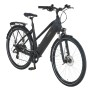 Schwarzes Prophete Trekking E-Bike Entdecker 2.0 Damenrad mit Trapezrahmen und 28 Zoll Reifen.