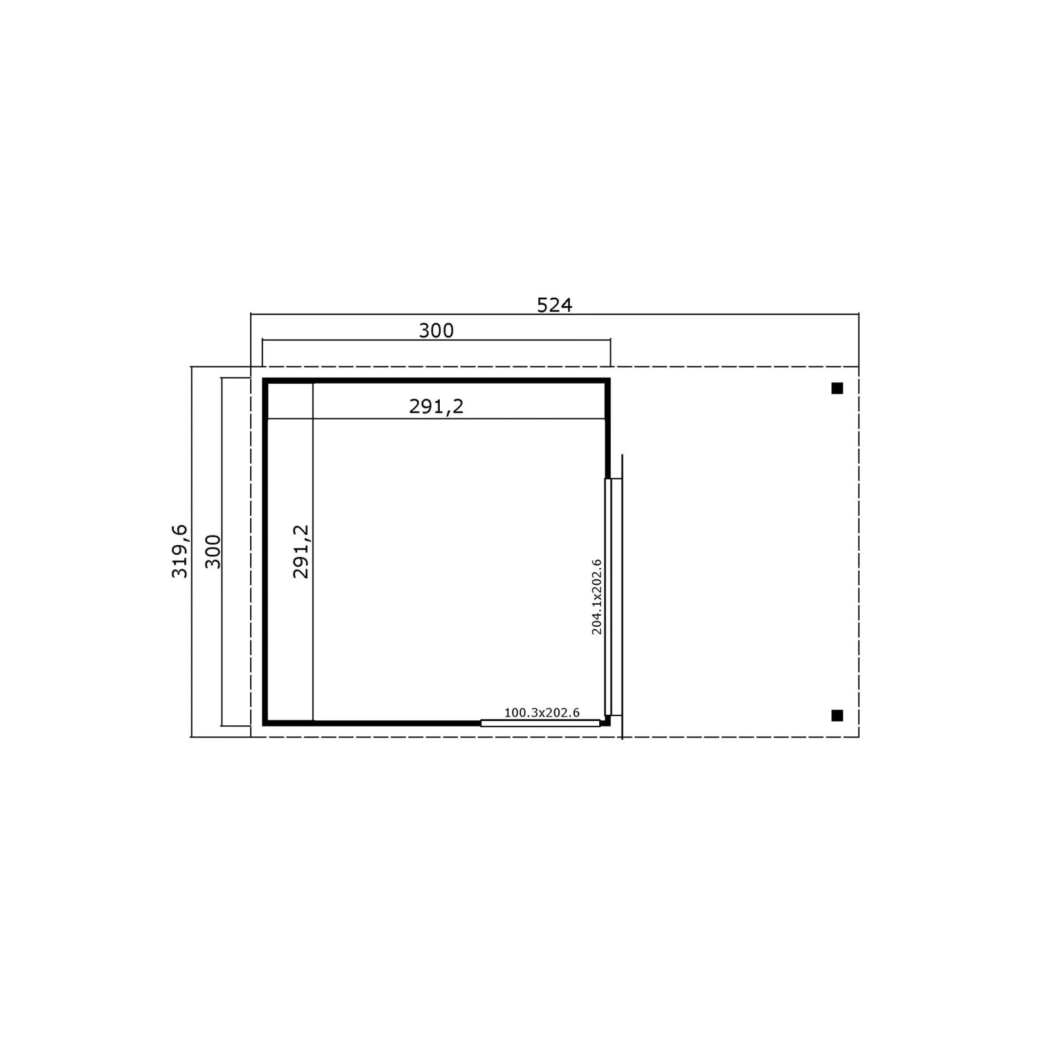 Grundriss Lasita Gartenhaus Domeo 2, carbongrau, 504,4x300 cm, mit Maßangaben.