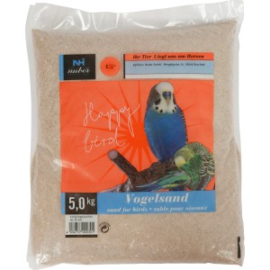Verpackung Vogelsand, 5 kg, mit Bild von Wellensittichen. Feiner Quarzsand mit Muschelgrit.