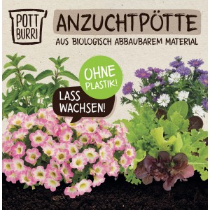 Pottburri Anzuchttöpfe 10er Set mit verschiedenen Jungpflanzen und dem Hinweis 'Ohne Plastik'.