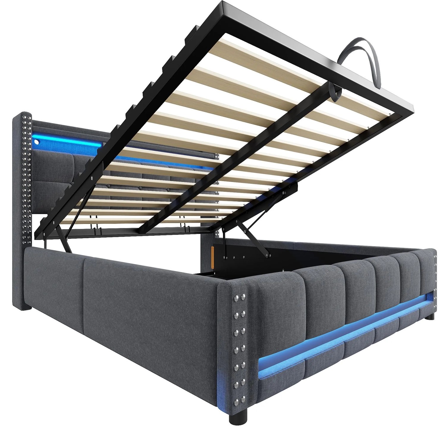 okwish Polsterbett 160x200cm mit LED USB C Hydraulik Stauraum Schlafzimmer Dunkelgrau ohne Matratze