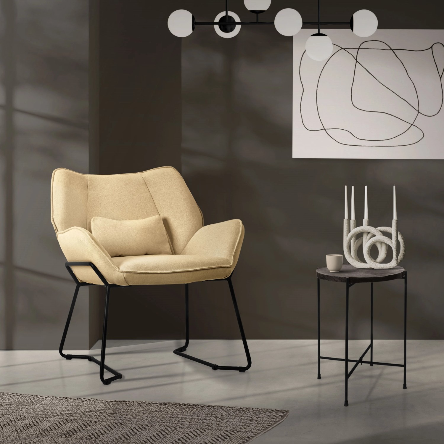 ML-Design Loungesessel Sand mit Leinenbezug, Armlehne, Rückenlehne und Kissen.