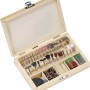 100-teiliges Mini-Tool Set in Holzbox: Schleif-, Polier- und Trennzubehör für Miniaturwerkzeuge.