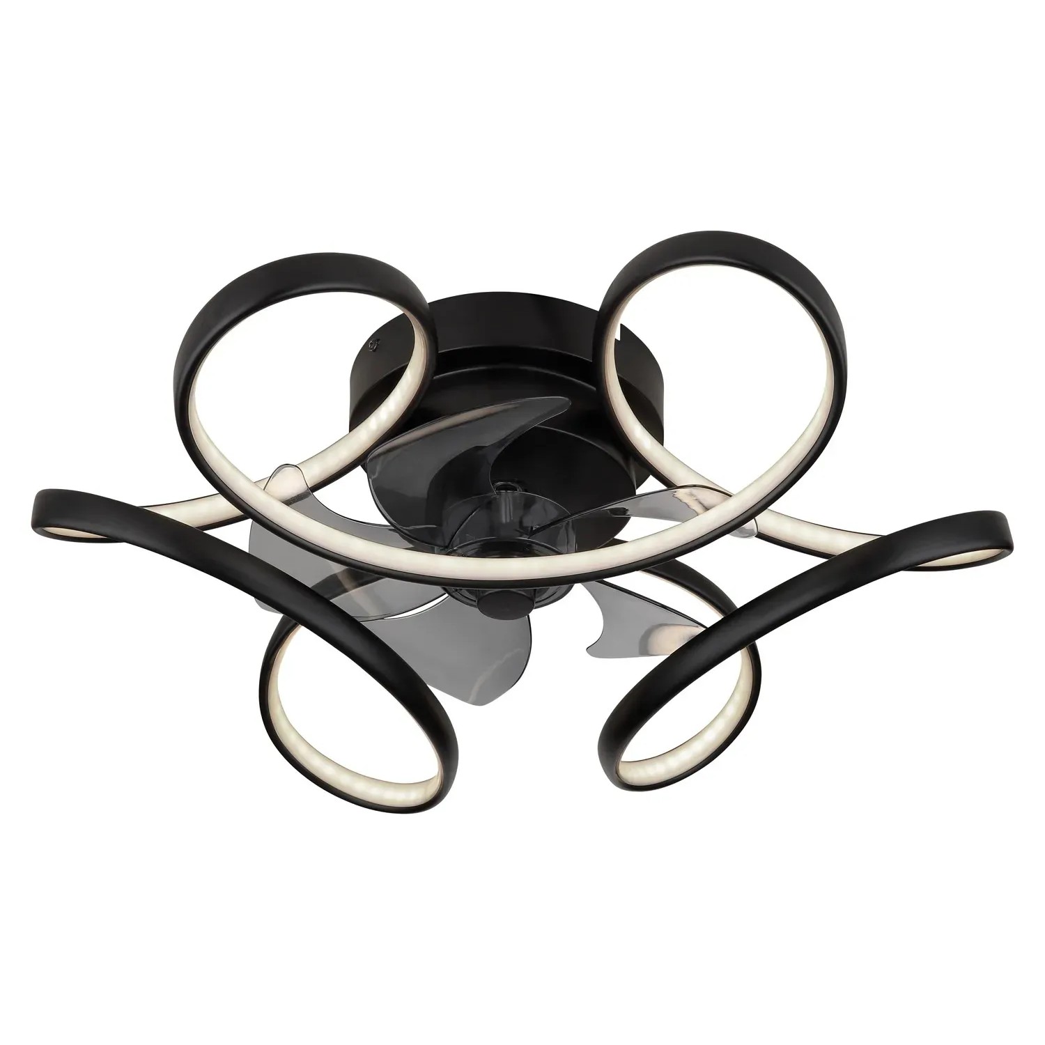Schwarzer LED-Deckenventilator Loris, Ø 56cm, mit geschwungenen Leuchtenarmen und transparenten Rotorblättern.