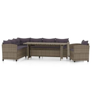 Graues 3-tlg. Garten Lounge Set aus Rattan mit Tisch, Ecksofa und Stuhl mit Kissen.