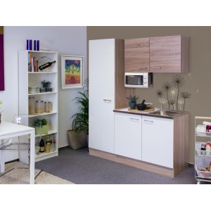 Flex-Well Singleküche 150 cm in Weiß und Sonoma Eiche mit Mikrowelle und Spüle.