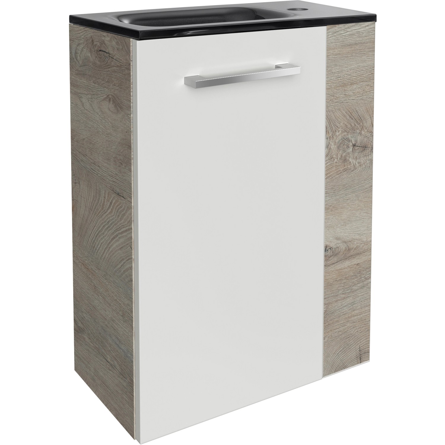 Fackelmann Waschbeckenunterschrank SBC Eiche Natur, 44 cm breit, mit weißer Tür und schwarzem Waschbecken.