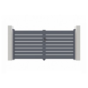 Graues Casanoov Doppelflügeltor aus Aluminium, 3 m breit, mit horizontalen Lamellen zwischen zwei Betonpfeilern.