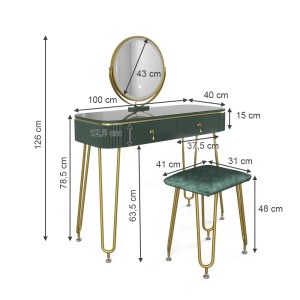 Vicco Schminktisch Grace, dunkelgrün hochglanz, 100 cm breit, mit LED-Spiegel und Hocker.