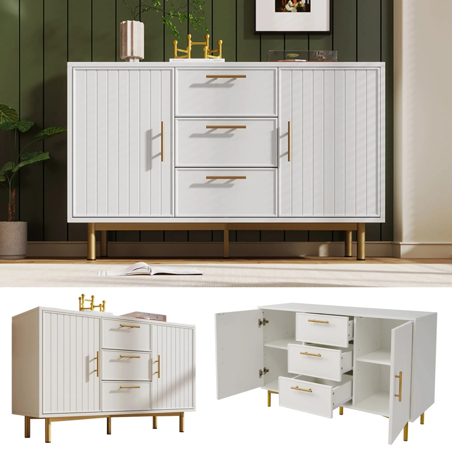 Weiße Merax Kommode 120x75cm mit 3 Schubladen, geriffelten Türen, goldenen Griffen und Metallfüßen. Moderner Wohnzimmerschrank.