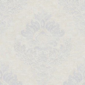 Tadessi Vliestapete in Weiß mit elegantem, strukturiertem Barock-Ornamentmuster. Dekorative Wandgestaltung.