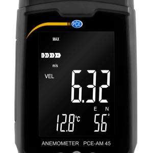 PCE Instruments Anemometer AM 45: Nahaufnahme des Displays mit Windgeschwindigkeit 6.32 m/s und Temperatur 12.8°C.