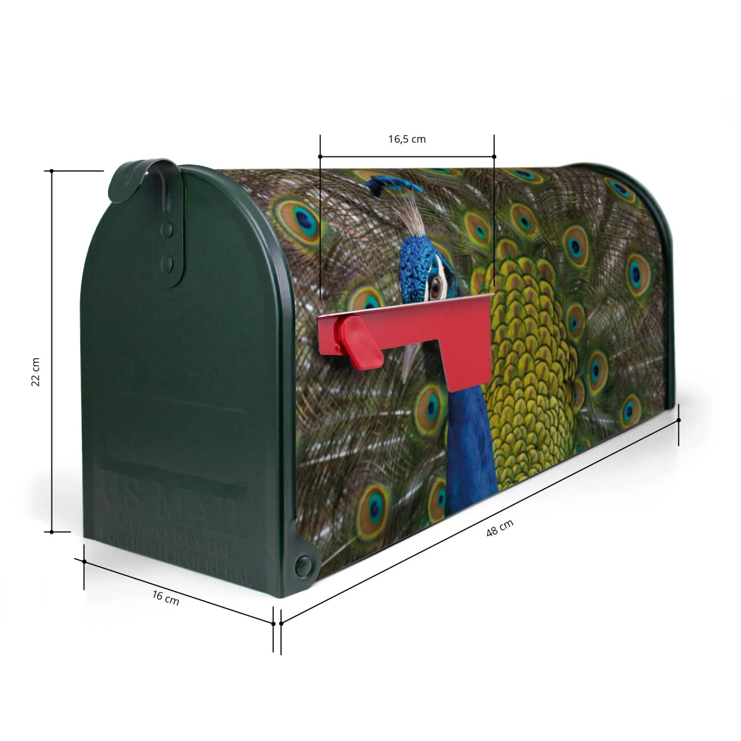 Grüner Banjado US Briefkasten mit Pfau Motiv, Stahl, 48x22x16cm. Amerikanischer Postkasten.