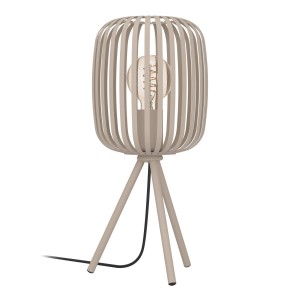Sandfarbene Eglo Tischleuchte Romazzina mit dreibeinigem Fuß und Lampenschirm aus Metallstreifen.