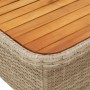 Detailansicht: Beige Garten Essgruppe mit Tischplatte aus Akazienholz und Polyrattan Geflecht.