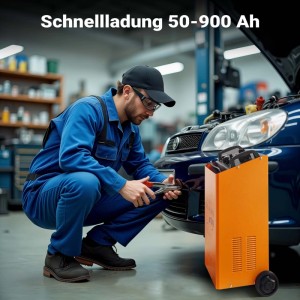 Werkstatt-Szene mit Autobatterie-Ladegerät und Mechaniker bei der Arbeit.